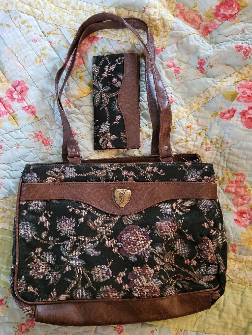 Pierre Cardin Vintage Floral Tapestry Shoulder Bag Purse With Matching Wallet